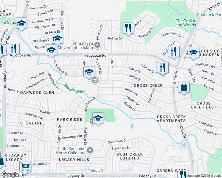 map of restaurants, bars, coffee shops, grocery stores, and more near 1605 Kesser Drive in Plano