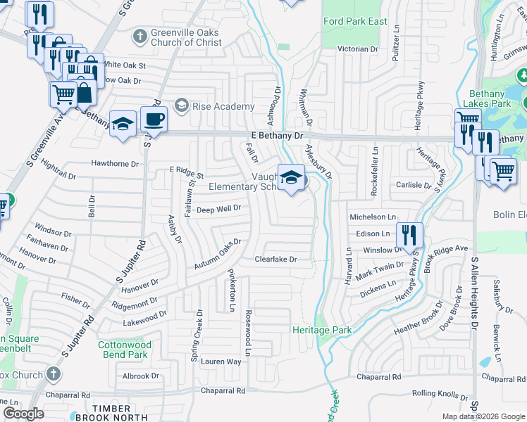 map of restaurants, bars, coffee shops, grocery stores, and more near 909 Blackstone Drive in Allen
