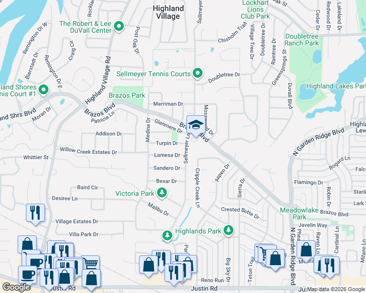 map of restaurants, bars, coffee shops, grocery stores, and more near 233 Turpin Drive in Lewisville