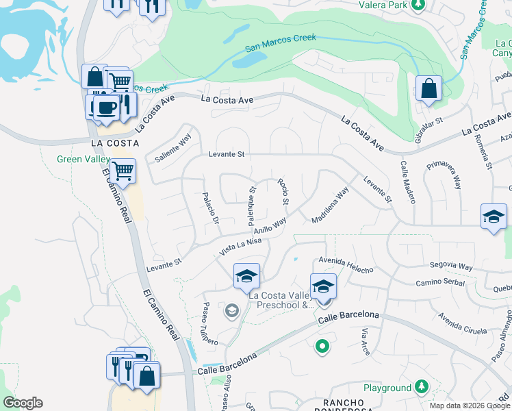 map of restaurants, bars, coffee shops, grocery stores, and more near 7772 Palenque Street in Carlsbad