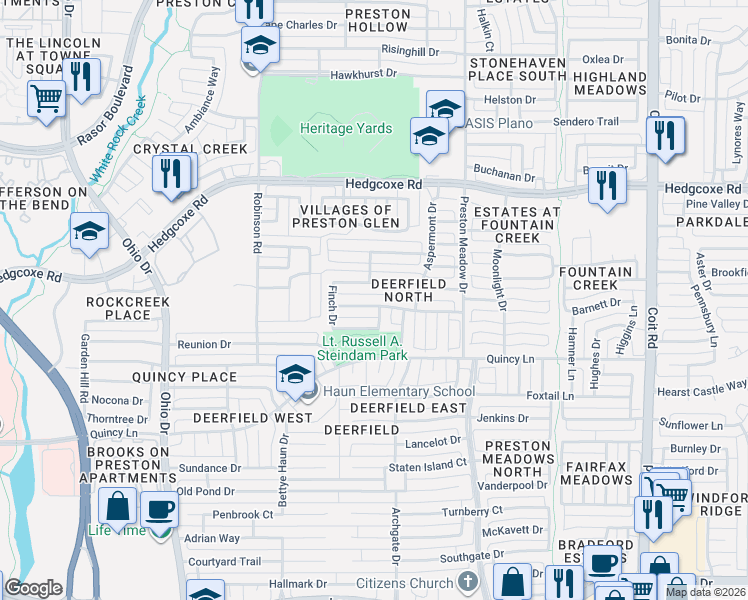 map of restaurants, bars, coffee shops, grocery stores, and more near 4552 Ethridge Drive in Plano