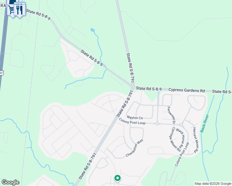 map of restaurants, bars, coffee shops, grocery stores, and more near 539 Man O War Lane in Moncks Corner