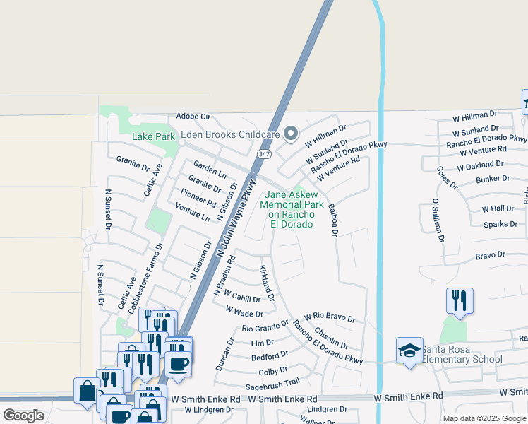map of restaurants, bars, coffee shops, grocery stores, and more near 22330 North Braden Road in Maricopa