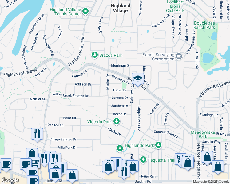 map of restaurants, bars, coffee shops, grocery stores, and more near 210 Turpin Drive in Lewisville