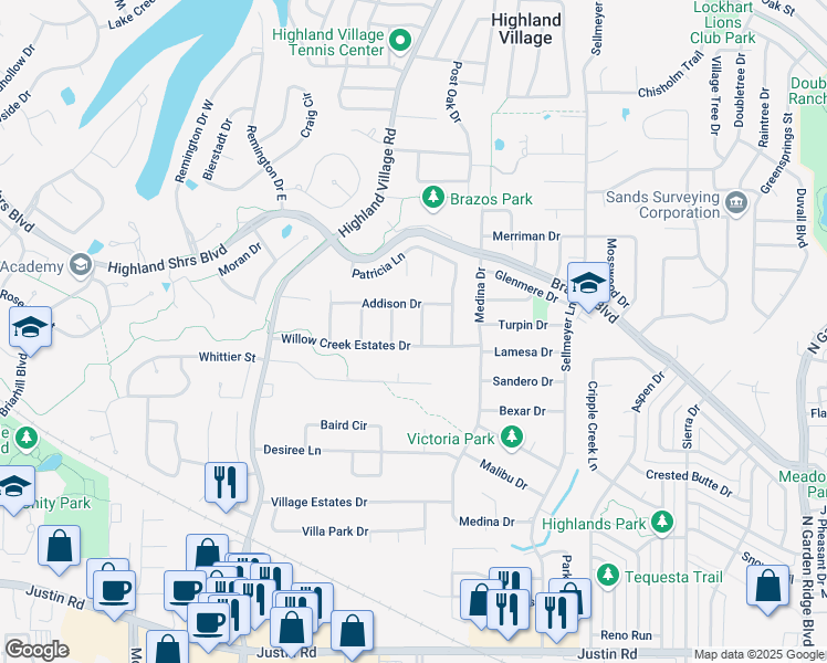 map of restaurants, bars, coffee shops, grocery stores, and more near 130 Addison Drive in Highland Village