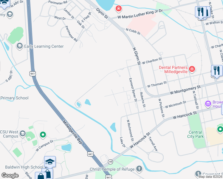 map of restaurants, bars, coffee shops, grocery stores, and more near 422 West Thomas Court in Milledgeville