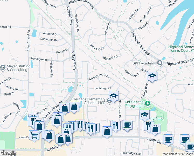 map of restaurants, bars, coffee shops, grocery stores, and more near 860 Silverthorne Trail in Highland Village