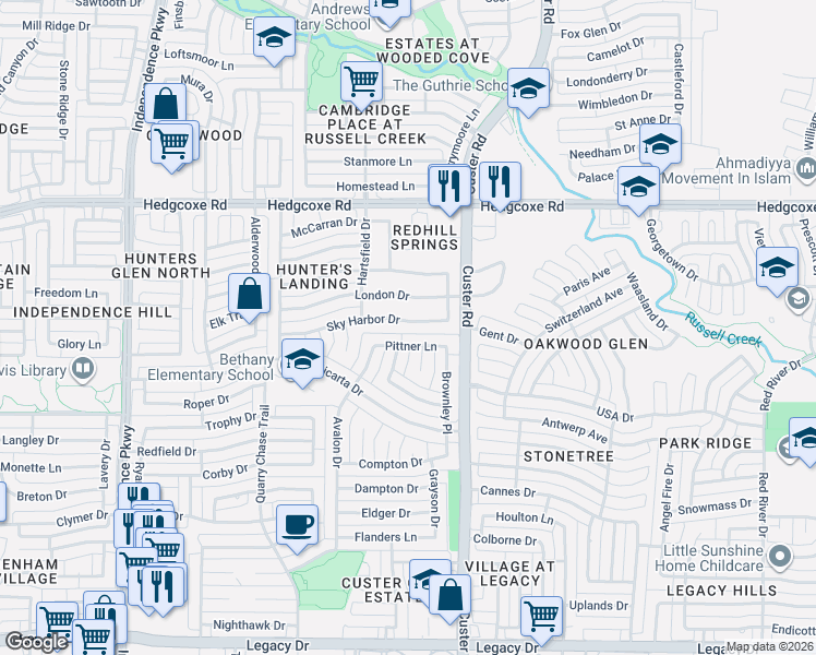 map of restaurants, bars, coffee shops, grocery stores, and more near 2232 Sky Harbor Drive in Plano