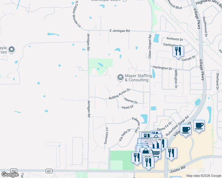 map of restaurants, bars, coffee shops, grocery stores, and more near 1030 Mayberry Court in Lewisville