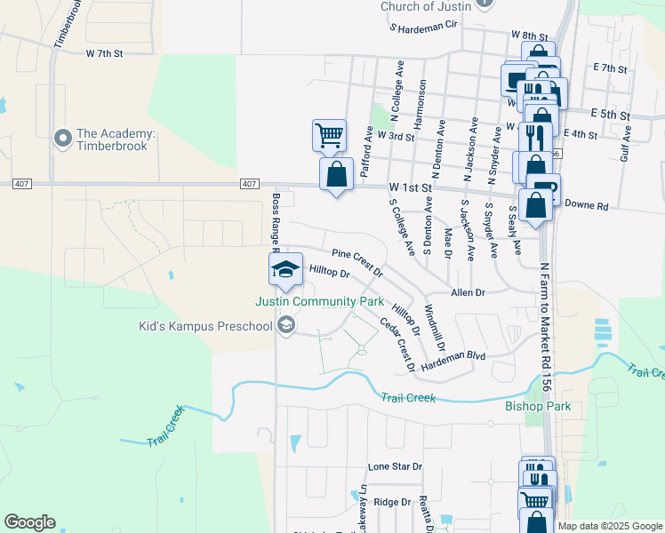 map of restaurants, bars, coffee shops, grocery stores, and more near 279 Pine Crest Drive in Justin