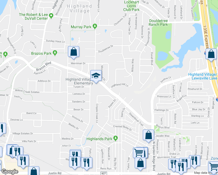 map of restaurants, bars, coffee shops, grocery stores, and more near 809 Highland Hills Lane in Lewisville