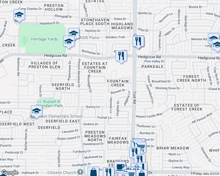 map of restaurants, bars, coffee shops, grocery stores, and more near 4117 Christopher Way in Plano