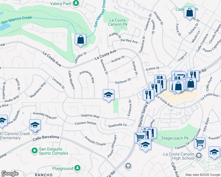 map of restaurants, bars, coffee shops, grocery stores, and more near 3003 Garboso Street in Carlsbad