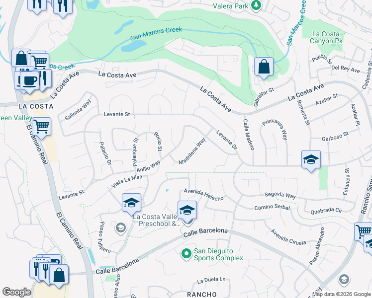 map of restaurants, bars, coffee shops, grocery stores, and more near 7761 Anillo Way in Carlsbad