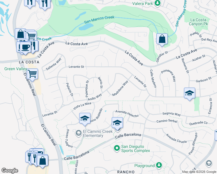 map of restaurants, bars, coffee shops, grocery stores, and more near 7761 Anillo Way in Carlsbad