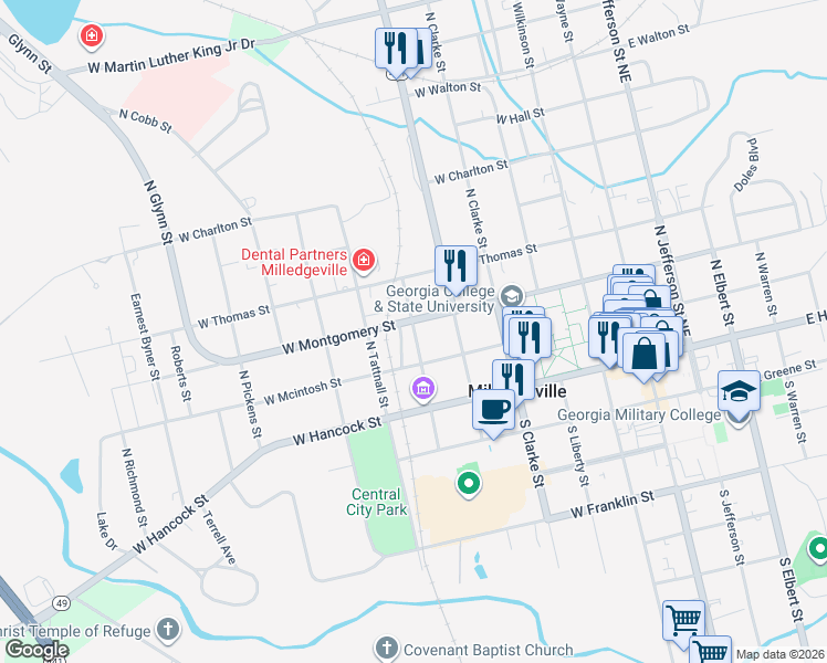 map of restaurants, bars, coffee shops, grocery stores, and more near 603 West Montgomery Street in Milledgeville