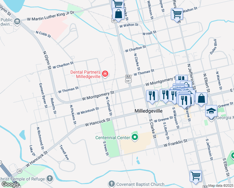 map of restaurants, bars, coffee shops, grocery stores, and more near 601-681 West Montgomery Street in Milledgeville