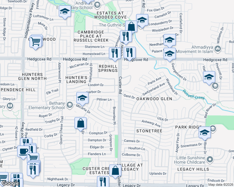 map of restaurants, bars, coffee shops, grocery stores, and more near 2124 London Drive in Plano