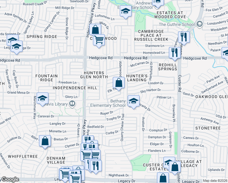 map of restaurants, bars, coffee shops, grocery stores, and more near 2505 Elk Trail in Plano