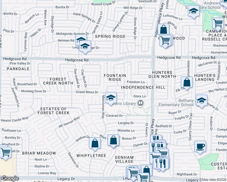 map of restaurants, bars, coffee shops, grocery stores, and more near 3332 Langston Drive in Plano