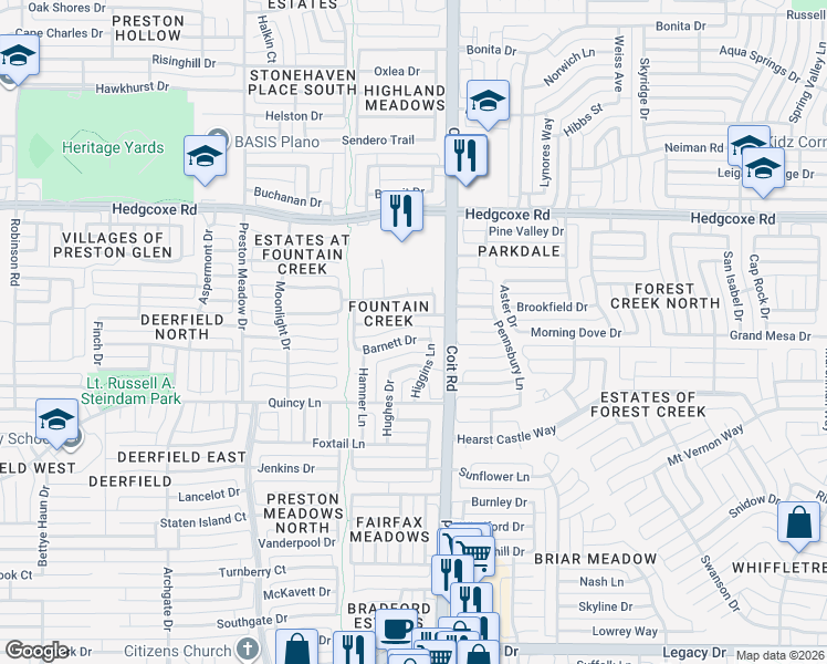 map of restaurants, bars, coffee shops, grocery stores, and more near 4008 Christopher Way in Plano