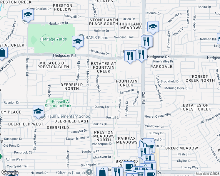 map of restaurants, bars, coffee shops, grocery stores, and more near 4320 Giovanni Drive in Plano