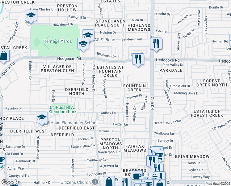 map of restaurants, bars, coffee shops, grocery stores, and more near 4320 Giovanni Drive in Plano