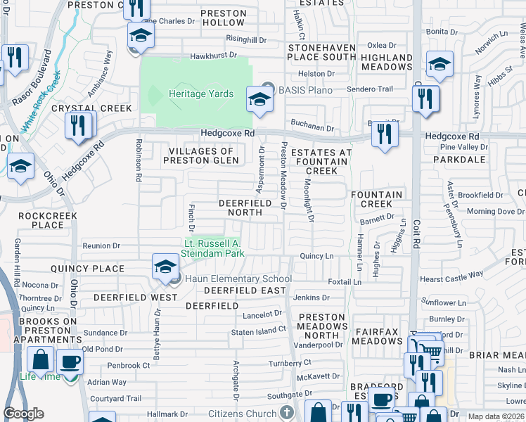 map of restaurants, bars, coffee shops, grocery stores, and more near 4525 Ethridge Drive in Plano