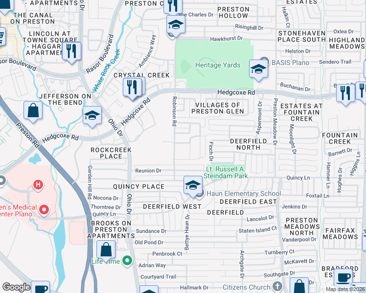 map of restaurants, bars, coffee shops, grocery stores, and more near 4601 Pine Brook Drive in Plano