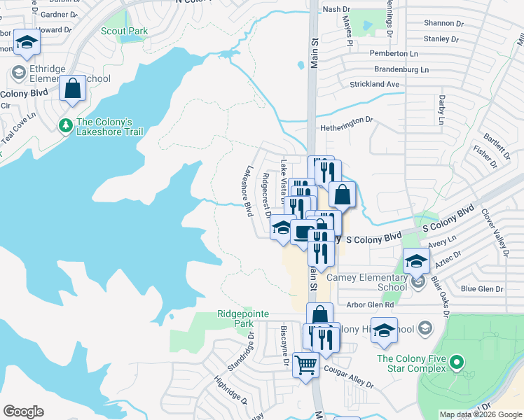 map of restaurants, bars, coffee shops, grocery stores, and more near 5036 Ridgecrest Drive in The Colony