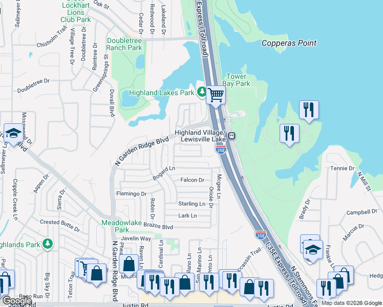 map of restaurants, bars, coffee shops, grocery stores, and more near 1316 Baythorne Drive in Lewisville