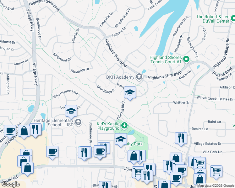map of restaurants, bars, coffee shops, grocery stores, and more near 606 Shasta Court in Highland Village