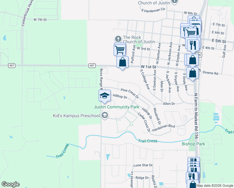 map of restaurants, bars, coffee shops, grocery stores, and more near 279 Pine Crest Drive in Justin