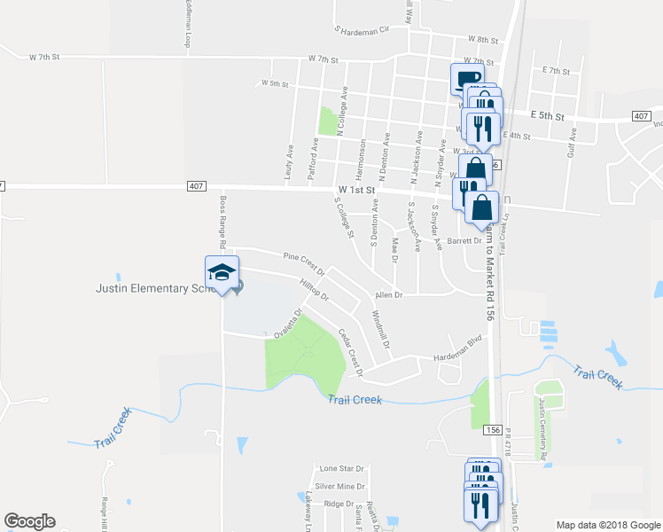 map of restaurants, bars, coffee shops, grocery stores, and more near 295 Ovaletta Drive in Justin