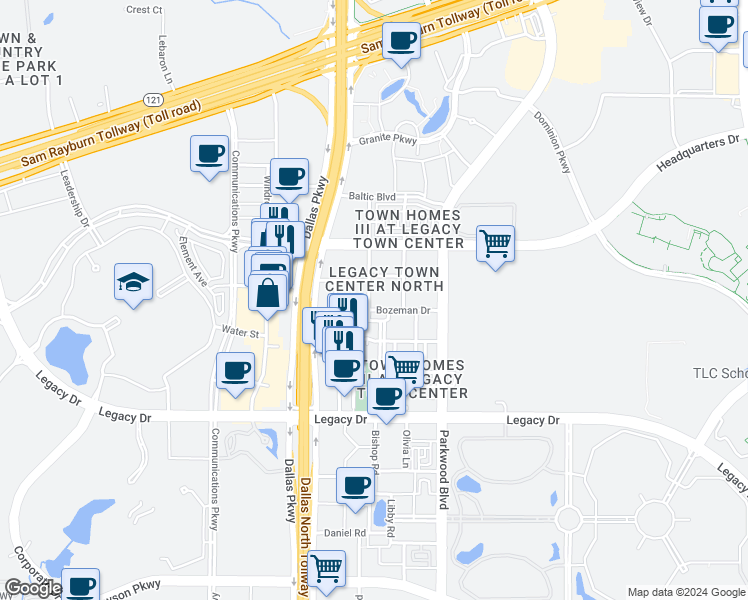 map of restaurants, bars, coffee shops, grocery stores, and more near 7850 Bishop Rd in Plano