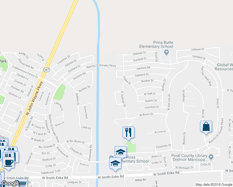 map of restaurants, bars, coffee shops, grocery stores, and more near 22267 Reinbold Drive in Maricopa