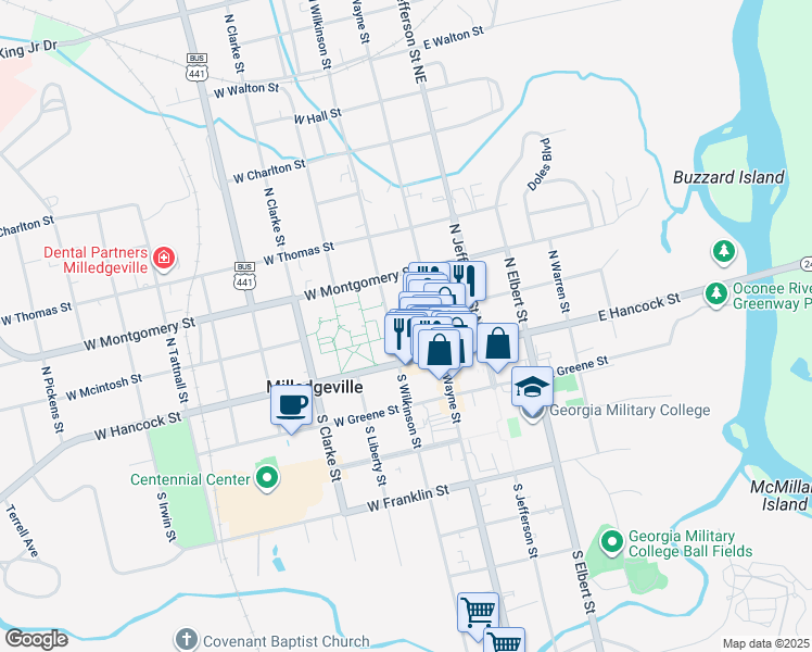 map of restaurants, bars, coffee shops, grocery stores, and more near 250 West Montgomery Street in Milledgeville