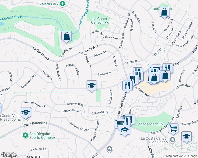map of restaurants, bars, coffee shops, grocery stores, and more near 3003 Garboso Street in Carlsbad
