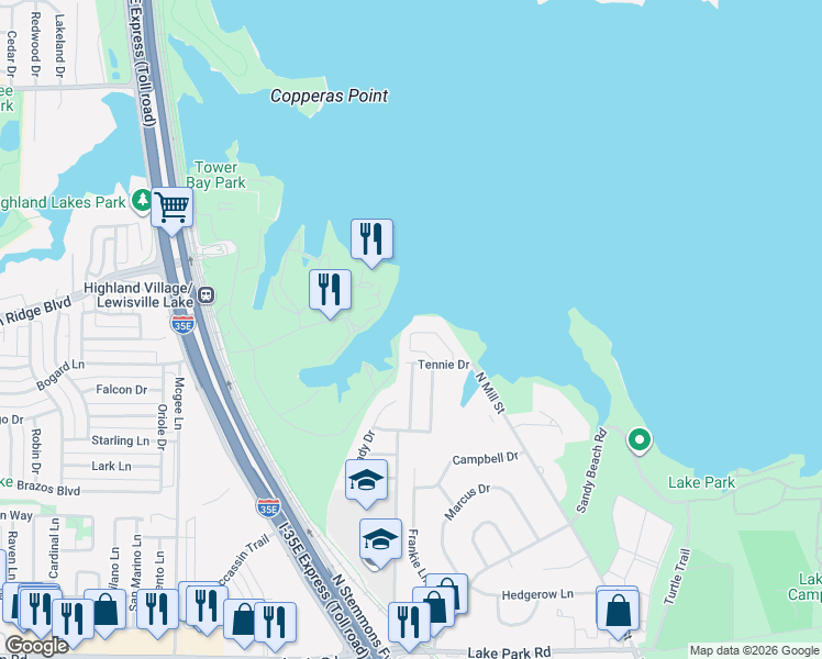 map of restaurants, bars, coffee shops, grocery stores, and more near 102 Oakbrook Drive in Lewisville