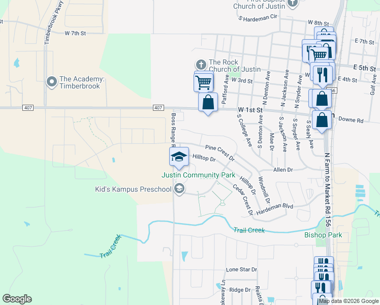 map of restaurants, bars, coffee shops, grocery stores, and more near 295 Pine Crest Drive in Justin