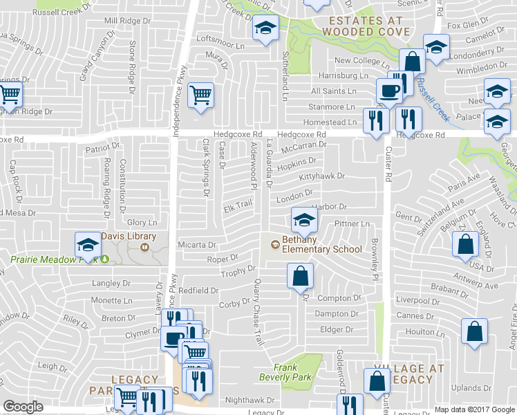 map of restaurants, bars, coffee shops, grocery stores, and more near 2448 La Guardia Drive in Plano