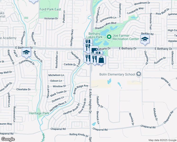 map of restaurants, bars, coffee shops, grocery stores, and more near 1000 Annalea Brook Drive in Allen