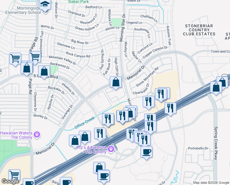 map of restaurants, bars, coffee shops, grocery stores, and more near 6399 Morning Star Drive in The Colony