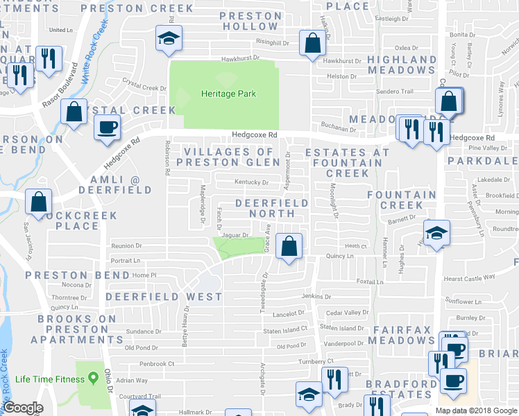 map of restaurants, bars, coffee shops, grocery stores, and more near 4552 Ethridge Drive in Plano