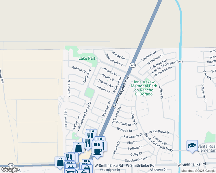map of restaurants, bars, coffee shops, grocery stores, and more near 44076 Pioneer Road in Maricopa