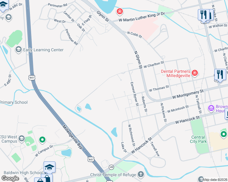 map of restaurants, bars, coffee shops, grocery stores, and more near 422 West Thomas Court in Milledgeville