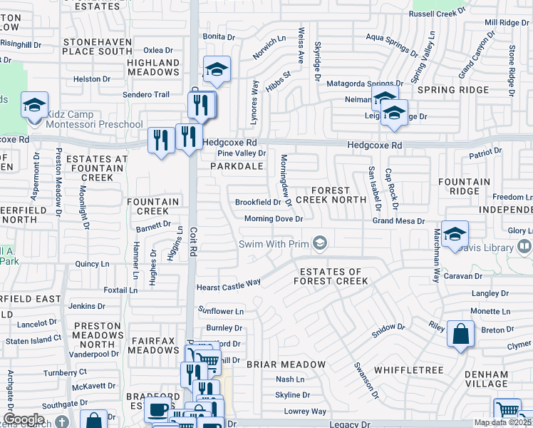 map of restaurants, bars, coffee shops, grocery stores, and more near 3812 Brookfield Drive in Plano