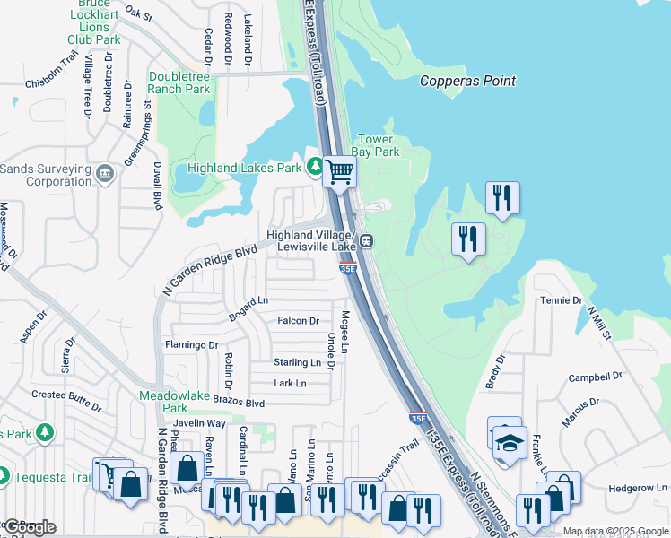 map of restaurants, bars, coffee shops, grocery stores, and more near 1303 Pinehurst Drive in Lewisville