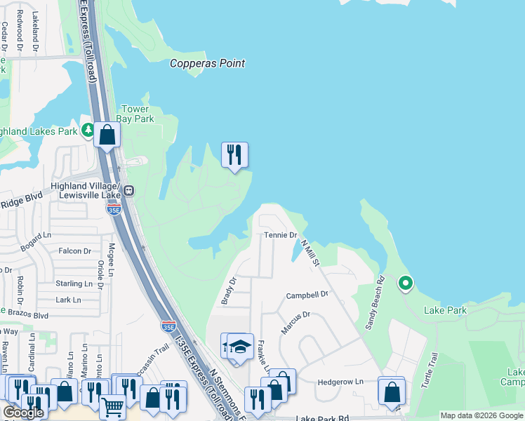 map of restaurants, bars, coffee shops, grocery stores, and more near 102 Oakbrook Drive in Lewisville