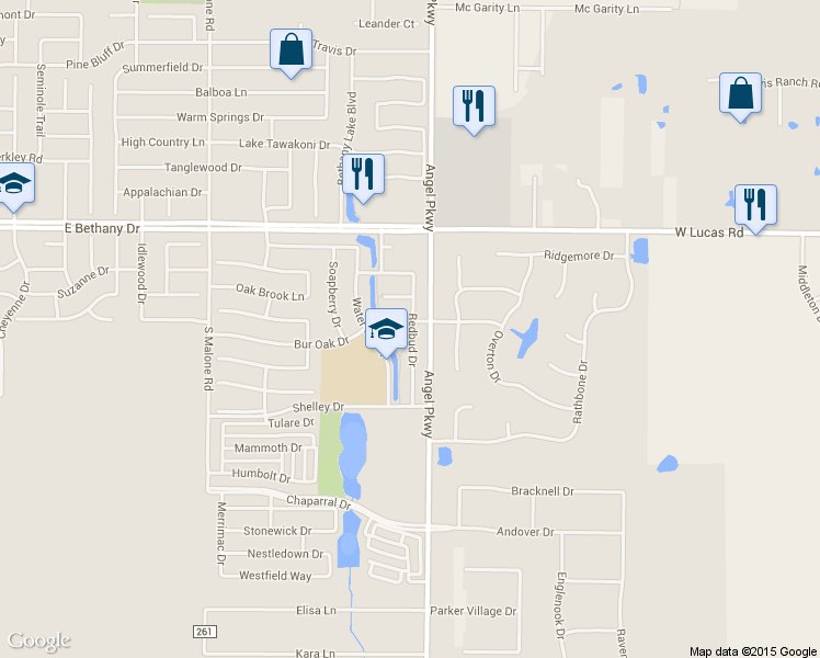 map of restaurants, bars, coffee shops, grocery stores, and more near 1830 Bur Oak Drive in Allen